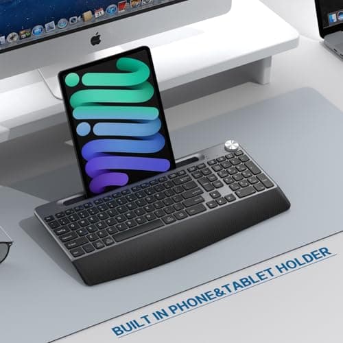 Ergonomic Wireless Keyboard with Wrist Rest-Low-Profile,Phone/Tablet Holder,Quiet Design，Windows & Mac OS，Full Size Cordless USB Computer Keyboard for Desktop,Laptop, PC, Mac, Windows-Grey