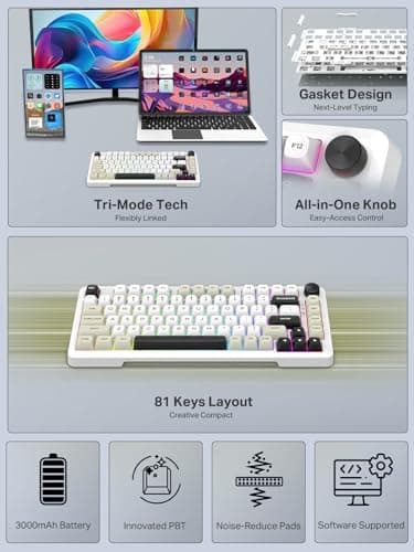 E-YOOSO Z82 Wireless Mechanical Keyboard, 3-Modes 81 Keys Compact, 75% Gasket Hot Swappable RGB Gaming Keyboard with Dedicated Knob Control and Sound Absorbing Pads, PBT Keycaps