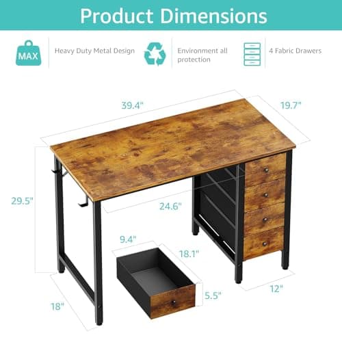 Lufeiya 40 inch Computer Desk with 4 Fabric Drawers, Kids Student Reversible Small Desks for Home Office Small Space, Work PC Desk Table for Bedroom, Rustic Brown