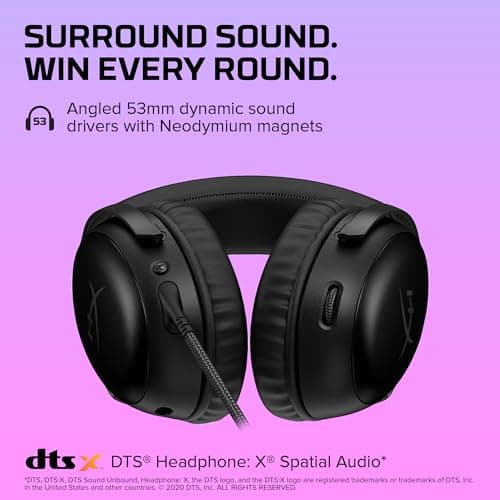 HyperX Cloud III – Wired Gaming Headset, PC, PS5, Xbox Series X|S, Angled 53mm Drivers, DTS Spatial Audio, Memory Foam, Durable Frame, Ultra-Clear 10mm Mic, USB-C, USB-A, 3.5mm – Black