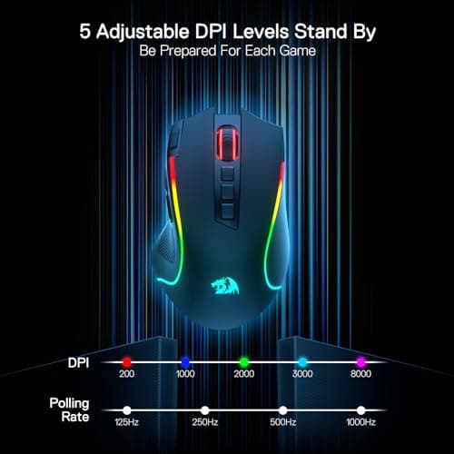 Redragon M612 PRO RGB Gaming Mouse, 8000 DPI Wired/Wireless Optical Mouse with 9 Programmable Buttons & 7 Backlit Modes, BT & 2.4G Wireless, Software Supports DIY Keybinds Rapid Fire Button