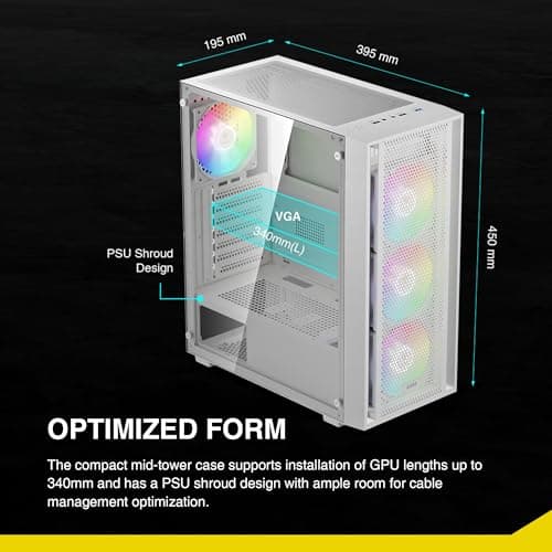 GAMDIAS White ATX Mid Tower Gaming Computer PC Case with Side Tempered Glass, Preinstalled 4X 120mm ARGB Fans, Support Up to 6X 120mm Fans, 360mm AIO/Radiator, 340mm GPU/VGA, 160mm CPU Air Cooler