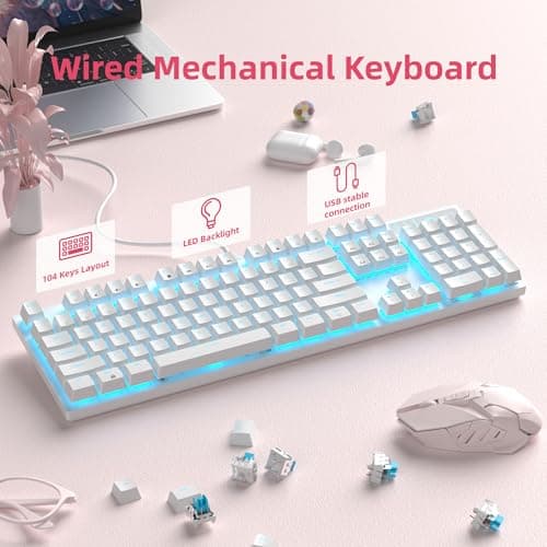 MageGee Mechanical Gaming Keyboard, Wired USB Adjustable Backlight Keyboard, New Mechanical Storm 100% Anti-ghosting Keyboard with Blue Switches for Windows PC/MAC Games (White)