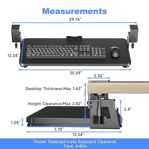 Keyboard Tray Under Desk Large C-Clamp 25.6” (30” Including Clamps) x 11.8” Slide-Out Platform Computer Drawer Pull Out Keyboard & Mouse Tray Black DSF4