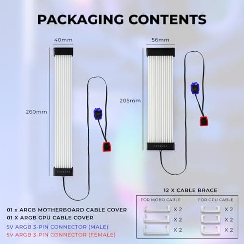 TECWARE Flex RGB, Cable Cover Kit, Light Up LED Strip Set for PSU Extensions, 5V 3 Pin ARGB Sync, Compatible with 8-Pin or 16-Pin GPU Cable, 24-Pin Motherboard Cable, White