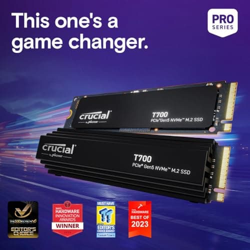 Crucial T700 2TB Gen5 NVMe M.2 SSD with Heatsink - Up to 12,400 MB/s - DirectStorage Enabled - CT2000T700SSD5 - Gaming, Photography, Video Editing & Design - Internal Solid State Drive