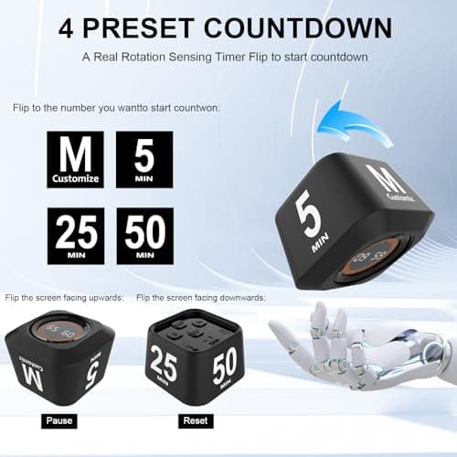Rotating Cube Visual Timer 5, 25, 10, 50 Min Preset + Custom Countdown, Rechargeable Desk Productivity Flip Timer w/Silicone Case, Silent Mode, Ideal for ADHD Tool Study Work Kitchen School (Black)