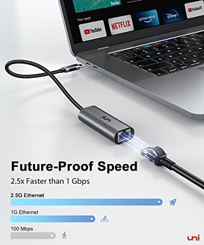 uni USB-C to Ethernet Adapter 2.5 Gbps, Blazing Fast Type-C(Thunderbolt 4/3 Compatible) to RJ45 Adapter, Sturdy Aluminum Gigabit Network Adapter, for MacBook Pro/Air 2023, Laptops, PC, NAS, etc.