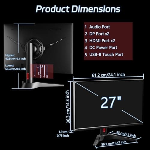 Touchscreen Gaming Monitor 27 Inch 4K UHD(3840x2160) IPS Computer Monitor, 60Hz, Ultra-Thin Bezel, HDMI, DisplayPort, 400 cd/㎡, VESA, Tilt Adjustable