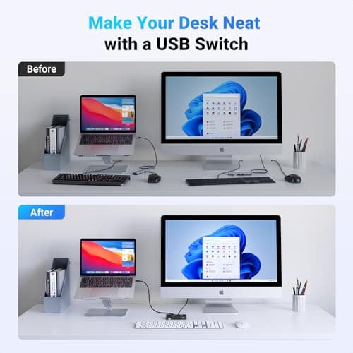 UGREEN USB Switch Selector 2 Computers Sharing 4 USB Devices USB 2.0 Peripheral Switcher Box Hub for Mouse Keyboard Scanner Printer PCs with One-Button Swapping and 2 Pack USB A to A Cable