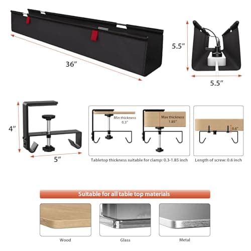 Univivi No Drill Under Desk Cable Management Tray, 36" Cord Organizer for Table, Clamp/Screw Mount Desk Cable Management, Premium Fabric Cable Management Tray for Office, Home