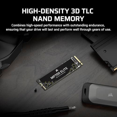 Corsair MP700 Elite 1TB PCIe 5.0 x4 NVMe M.2 SSD – Up to 10,000MB/sec – High-Density 3D TLC NAND – M.2 2280 - DirectStorage Compatible – Black
