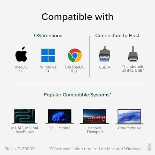 Plugable USB 3.0 and USB-C Universal Laptop Docking Station with 2 HDMI Ports for Windows, Mac (Driver Required), and ChromeOS. Gigabit Ethernet, Audio