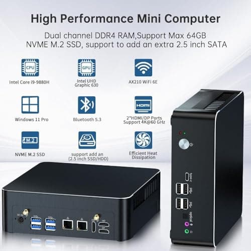 Thdeukoty Mini PC with Core i9-9880H 2.3 up to 4.8GHz, 32G DDR4 1T SSD, Windows 11 Pro Desktop Computer, DP*1, HDMI*2 Support Triple Display, WiFi6E/BT5.3, VESA, Optical, Dual 2.5G LAN