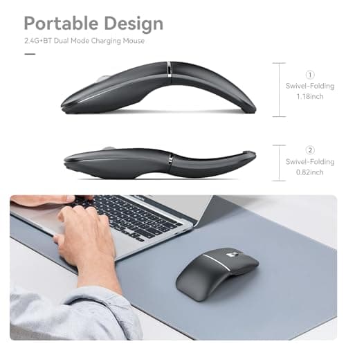 Bluetooth Wireless Arc Travel Mouse, Dual Model (2.4G+BT5.1) Rotating Foldable Mouse for Microsoft, Rechargeable Slim Portable Mice for Laptop, Notebook, PC, MacBook, Chromebook, Lenovo - Black