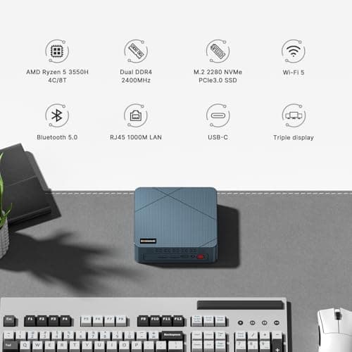 E2 Mini PC Desktop Computers, AMD Ryzen 5 3550H, 16GB DDR4, 512GB PCIe SSD, 4K Triple Display, Type-C & USB3.2, RJ45 & Wi-Fi 5 & BT 5.0, Compact Silent PC for Office, Streaming, Home Theater