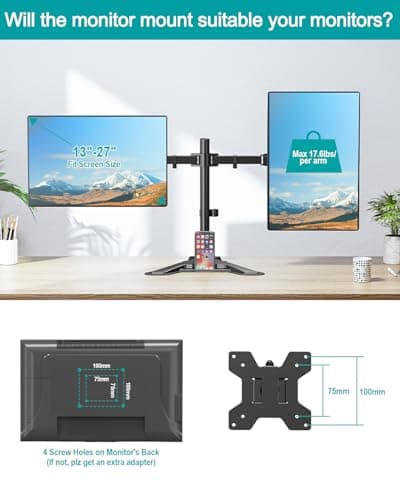 MOUNT PRO Dual Monitor Stand, Free-Standing Full Motion Monitor Desk Mount Fits 2 Screens up to 27 inches,17.6lbs with Height Adjustable, Swivel, Tilt, Rotation, VESA 75x75 100x100, Black