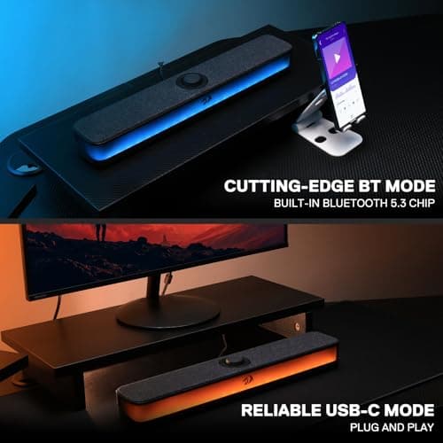 Redragon GS515 RGB Desktop Soundbar, 2.0 Channel Stereo Computer Speakers for Desktop with Bluetooth 5.3, USB-C/USB Powered, Black