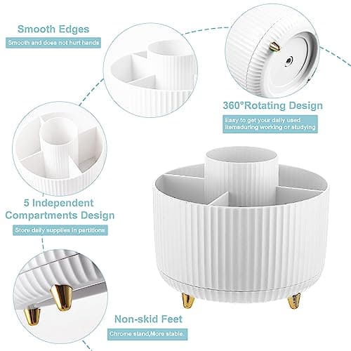 Pencil Holder For Desk,5 Slots 360°Degree Rotating Desk Organizers And Accessories,Desktop Storage Stationery Supplies Organizer, Cute Pencil Cup Pot For Office, School, Home (B-White)