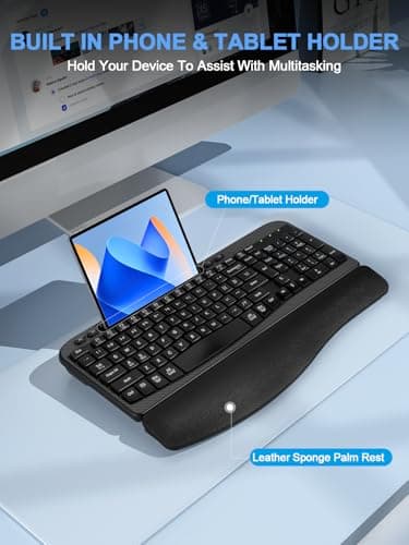 Ergonomic Wireless Keyboard with Cushioned Wrist Rest, Wave Keys, Phone Holder, Comfortable Natural Typing, 2.4GHz Full Size Silent Cordless USB Computer Keyboard for Laptop, Mac, Windows (Black)