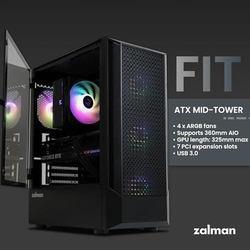 Zalman FIT Mid Tower ATX PC Case - 4 x Pre-Installed ARGB Fans, Swing Door Tempered Glass, USB 3.0, Support up to 6 x 120mm Fans, 325mm GPU, 360mm Radiator, Black