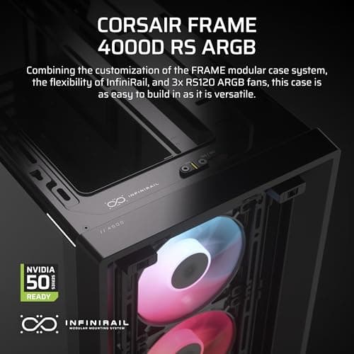 CORSAIR 4000D RS ARGB Frame Modular Mid-Tower ATX PC Case – High Airflow, 3X Pre-Installed RS ARGB Fans, InfiniRail™ Fan Mounting System, ASUS BTF, MSI Project Zero, Gigabyte Project Stealth – Black