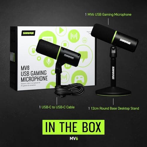 Shure MV6 Gaming Microphone, Dynamic USB PC Mic for Video Games & Streaming - Desktop Stand, Background Noise Cancellation, Tap-to-Mute & 3.5mm Output for Real-Time Headphone Monitoring