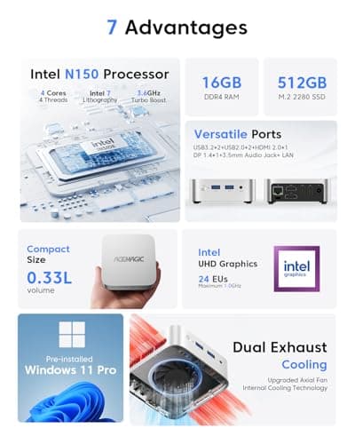 ACEMAGIC N150 Vista Mini PC V1, Twin Lake N150(Beat N100/N95, up to 3.6GHz), 16GB DDR4 RAM 512 SSD Mini Computers,11 Pro Desktop 4K Dual Display/HDMI/WiFi/BT/LAN for Home/Office