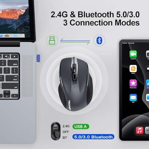 TECKNET Wireless Mouse (BT5.0/3.0 & 2.4G) Rechargeable 4800 DPI Silent USB A & Bluetooth Mouse 6 Buttons, Wide Compatibility - Grey