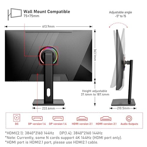 27 inch IPS PC Screen, 4K Gaming Monitor 144Hz, 1ms, FreeSync, 128% sRGB, 178° Wide Viewing Angle, HDMI 2.1, DisplayPort,Height-Adjustable and Swivel,75 * 75MM Wall Mount Compatible - Black