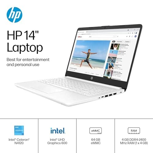 HP 14" Ultra Light Laptop for Student & Home (Intel Quad-Core N4120, 4GB RAM, 128GB(64GB + 64GB SD), 1-Year Office 365) 11-Hr Long Battery Life, Webcam, WiFi, Win 11 Home in S Mode - Snow White
