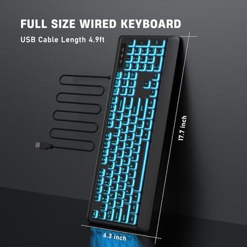 Backlit Computer Keyboards, Wired USB LED Keyboard with 7 Colors Backlight, Plug and Play, Waterproof, Full Size Quiet Computer Keyboard for Windows Desktop, PC, Laptop, Gaming