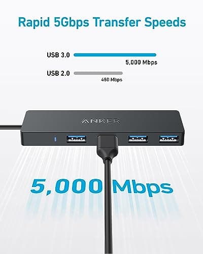 Anker 4-Port USB 3.0 Hub with 5Gbps Data Transfer, Ultra-Slim USB-C Connector Hub, for MacBook, iMac, Surface, Mobile HDD, and More (2 ft USB-C Connector, Charging Not Supported)