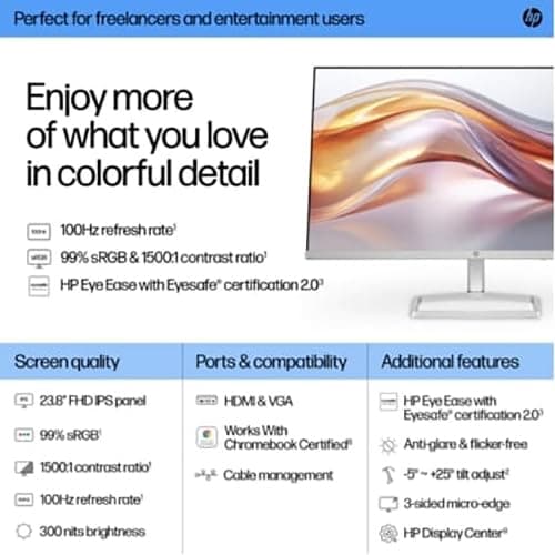 HP 524sf Series 5 24" FHD 1920x1080 IPS Monitor, 100Hz, 99% sRGB, 1500:1, 5ms, Black/Silver (2024 Model)…