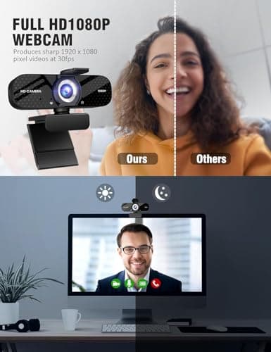 Full HD 1080P Webcam with Built-in Mic Wide Angle & Auto Focus Privacy Cover for PC/Laptop Plug & Play USB Camera Black