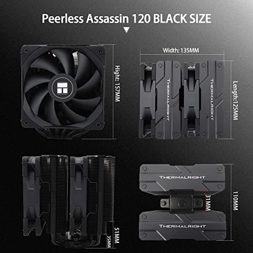 Thermalright Peerless Assassin 120 Black CPU Air Cooler, 6 Heat Pipes,TL-C12B PWM Fan, Aluminium Heatsink Cover, AGHP Technology, for AMD AM4/AM5/Intel LGA 1700/115X/1851/1200/2066/2011 PA120 Black