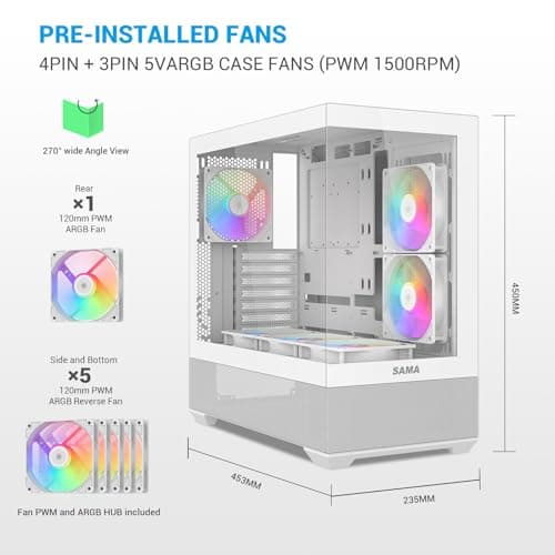 SAMA V40 Mid Tower ATX Case – 6 × 120mm ARGB PWM Fans Pre-Installed, Dual Tempered Glass Panels, Vertical Airflow, Dual-Chamber Design, USB 3.1 Type-C, 7 Slots, Supports ATX/MATX/ITX GPUs, White