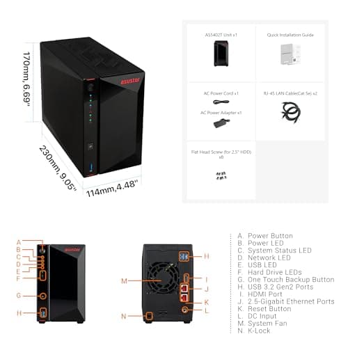 Asustor AS5402T, 2 Bay NAS, Intel Quad-Core 2.0GHz CPU, 4x M.2 NVMe SSD Slots, 2x2.5GbE Ports, 4GB DDR4 RAM, For Gaming and Live Stream, Network Attached Storage(Diskless)