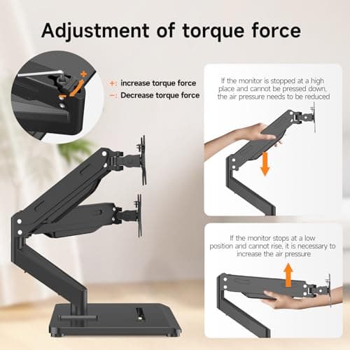 Pholiten Adjustable Dual Monitor Arms with Gas Spring for 17-32 inch Screens,Pneumatic Dual VESA Monitor Mount with Base,Freestanding Full Motion Dual Monitor Desk Stand Holds up to 22 lbs Each. ﻿