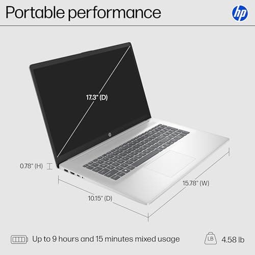 HP 17.3 inch Laptop, HD+ Display, AMD Ryzen 5 7520U, 16 GB RAM, 512 GB SSD, AMD Radeon Graphics, Windows 11 Home, Natural Silver, 17-cp2199nr