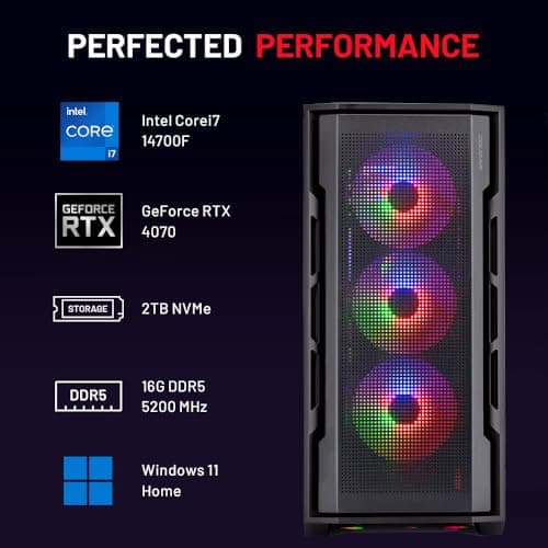 Skytech Rampage Gaming PC, Intel i7 14700F 2.1 GHz (5.3GHz Turbo Boost), NVIDIA RTX 4070 12GB GDDR6X, 2TB SSD, 16GB DDR5 RAM 5200, 750W Gold PSU, 360mm AIO, Wi-Fi, Win 11 Home
