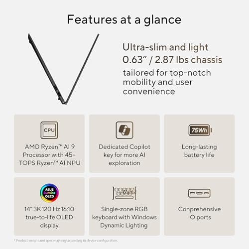 ASUS Vivobook S 14 OLED Slim Laptop, AMD Ryzen AI 9 365(10 Cores), 24GB, 512GB SSD, Customizable RGB Keyboard, Neutral Black, M5406WA-DS76
