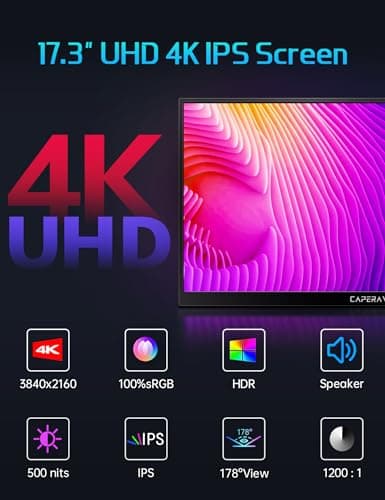 17.3" Portable 4K Monitor, 500 Nits, 3840 * 2160p, 100% Adobe RGB, Travel Monitor with Built-in Kickstand & Speakers, External for Laptop PC, Xbox, Switch, PS4/5
