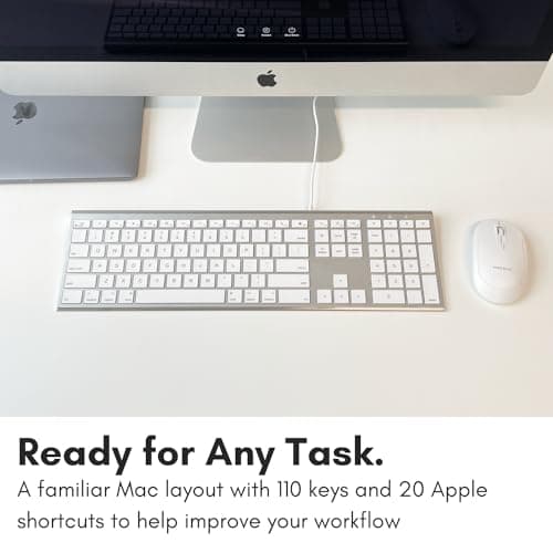 Macally Ultra Slim USB Wired Computer Keyboard - Compatible Apple Keyboard or Windows - Full Size with 20 Mac Keyboard Keys -with Numeric Keypad - Silver Aluminum Finish