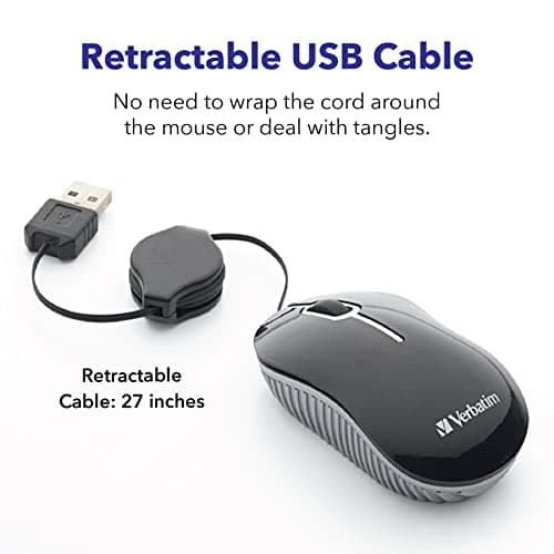 Verbatim Wired Optical Computer Mini USB-A Mouse - Plug & Play Corded Small Travel Mouse with Retractable Cable – Black 98113