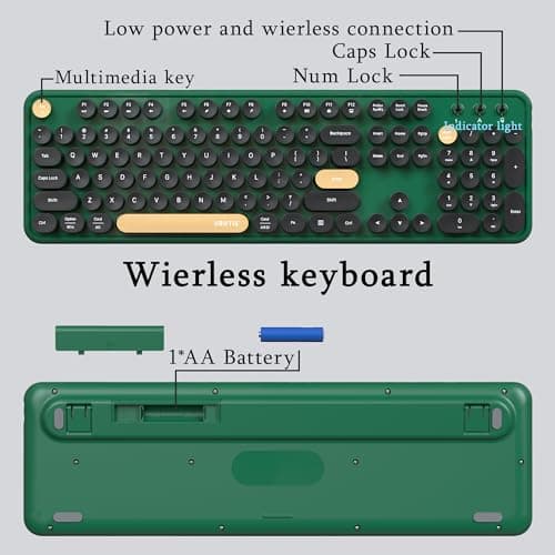 Colorful Wireless Computer Keyboards Mouse Combos, UBOTIE Polychrome Round Keycaps Retro PC Keyboards 2.4GHz Radio Frequency Connection with Optical Mouse(Green-Black)