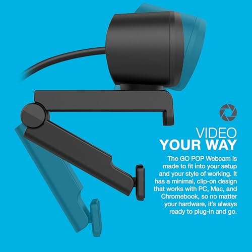 JLab Go Pop Cam USB HD Webcam, Black, 1080P/30 FPS, 2.1 Megapixels, Built-in Privacy Shutter, Minimalist Portable Set-up, Clip-on Design Compatible with PC, Mac and Chromebook