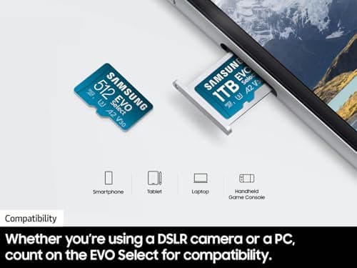 Samsung EVO Select microSDMemory Card + Adapter, 512GB microSDXC, Up-to 160 MB/s, 4K UHD, UHS-I, C10, U3, V30, A2, for Mobile Phone, Smartphones, Nintendo-Switch, and Tablets (MB-ME512SA/AM)