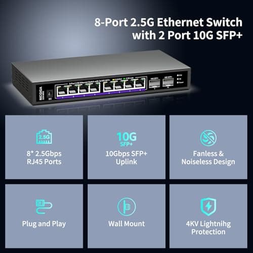 10 Port 2.5Gb Unmanaged Ethernet Switch with 8* 2.5G Base-T Ports + 2* 10G SFP+ Ports. NICGIGA 8 Port 2.5Gbps Network Switch for 2.5Gbps NAS/PC, WiFi6 Router, Wireless AP. Fanless Design.