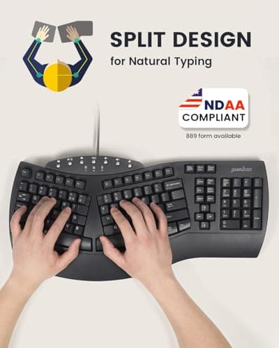 Perixx PERIBOARD-512B Wired Ergonomic USB Keyboard - Bulky 19.1x9.3x2 inches Split Design - Black - NDAA Compliant - US English